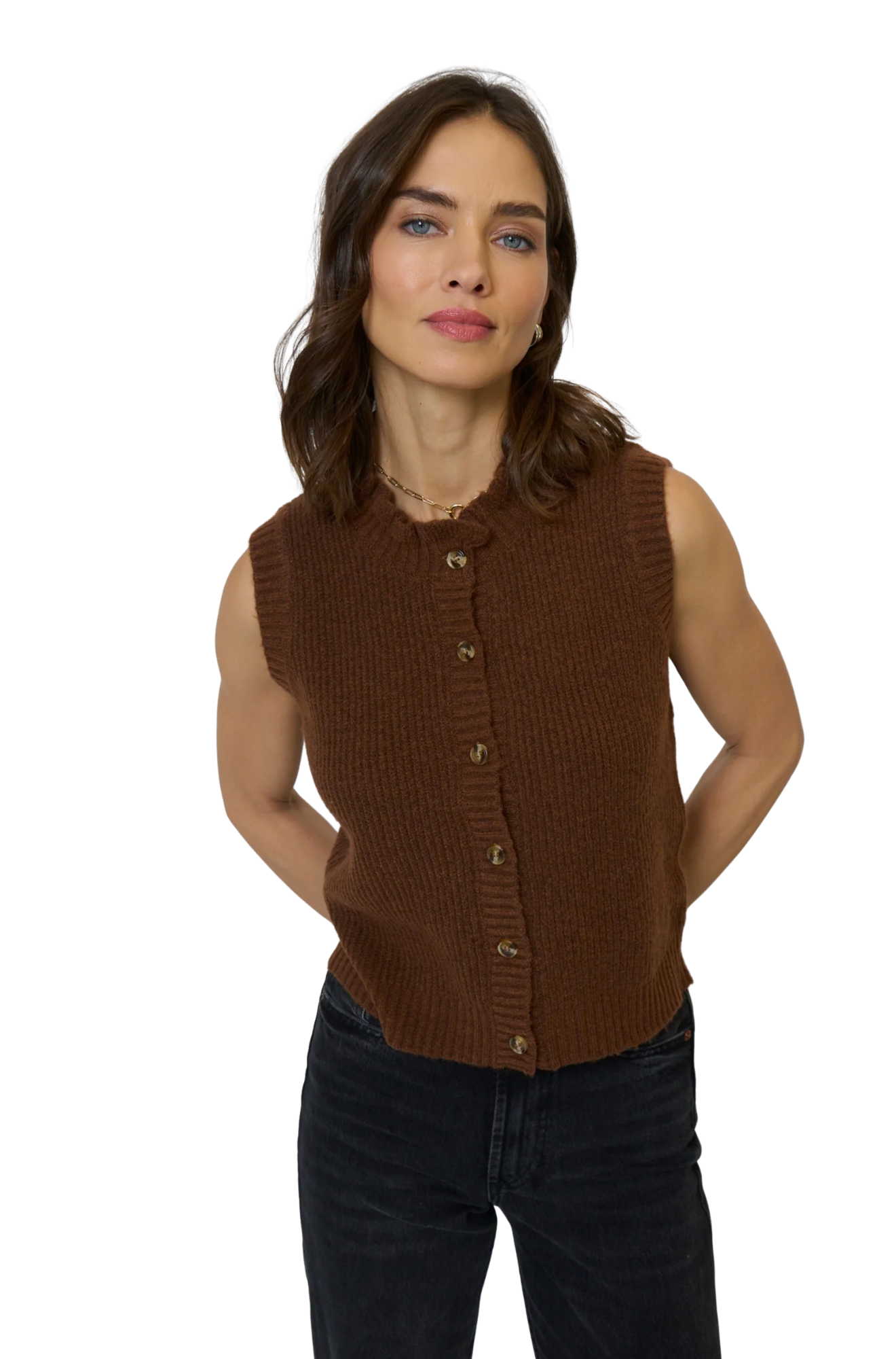 Central-Park-West-Olivia-Ruffle-Sleeveless-Cardigan-chocolate