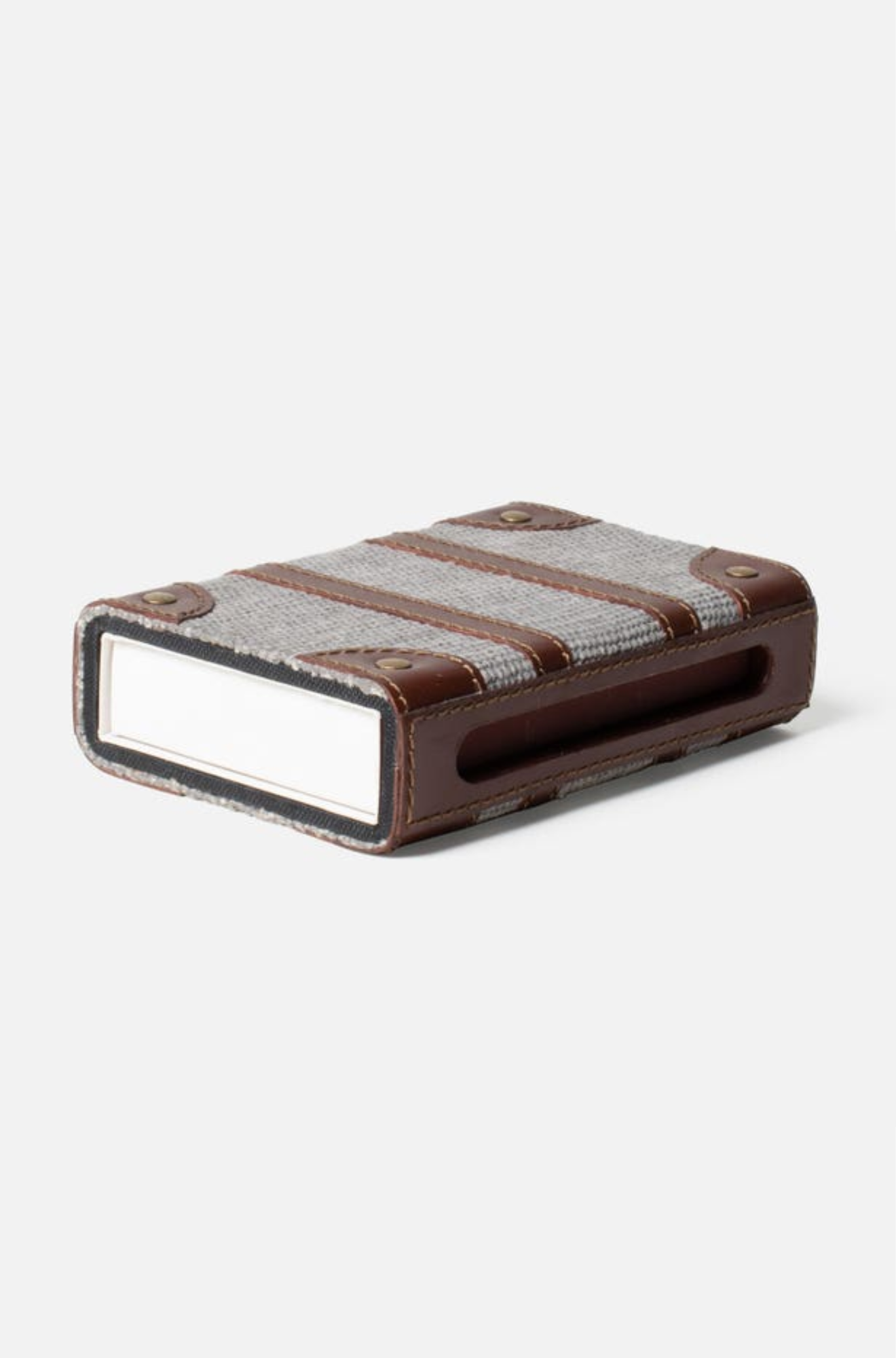 match box holder made of fabric and leather with corner grommets