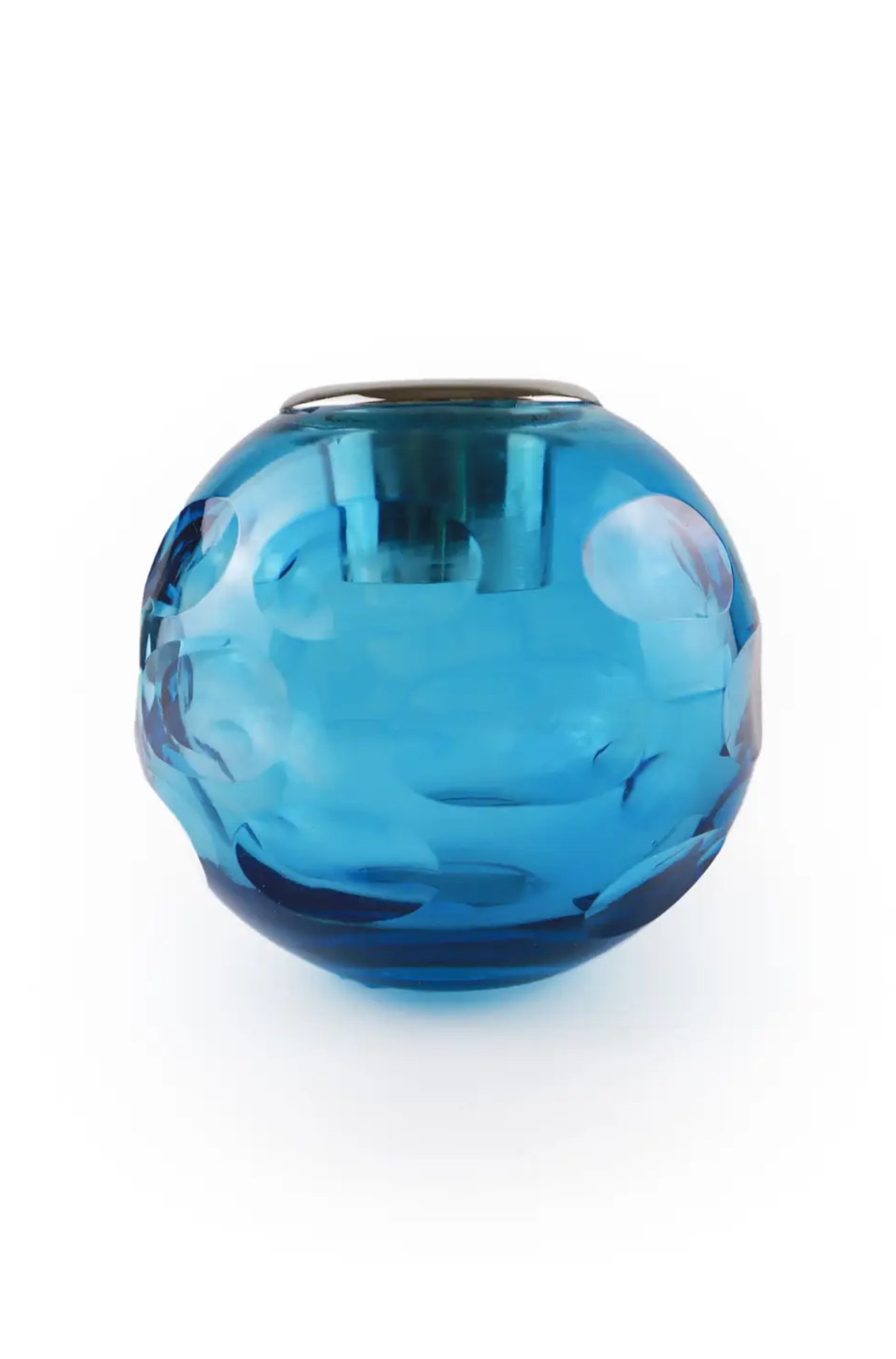 Blue glass match holder and striker on a white background