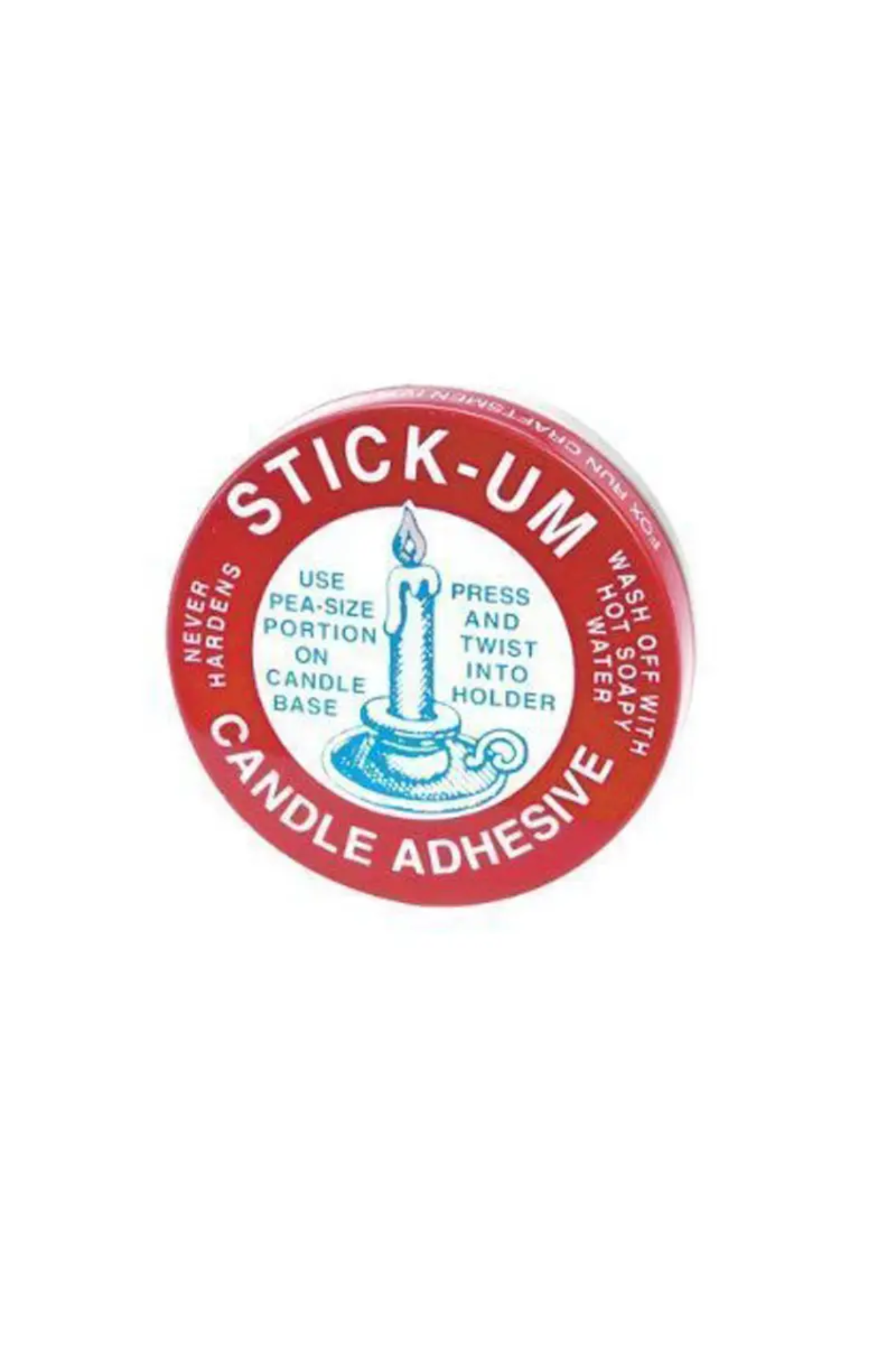 Stick-Um Candle Adhesive container with red label on a white background
