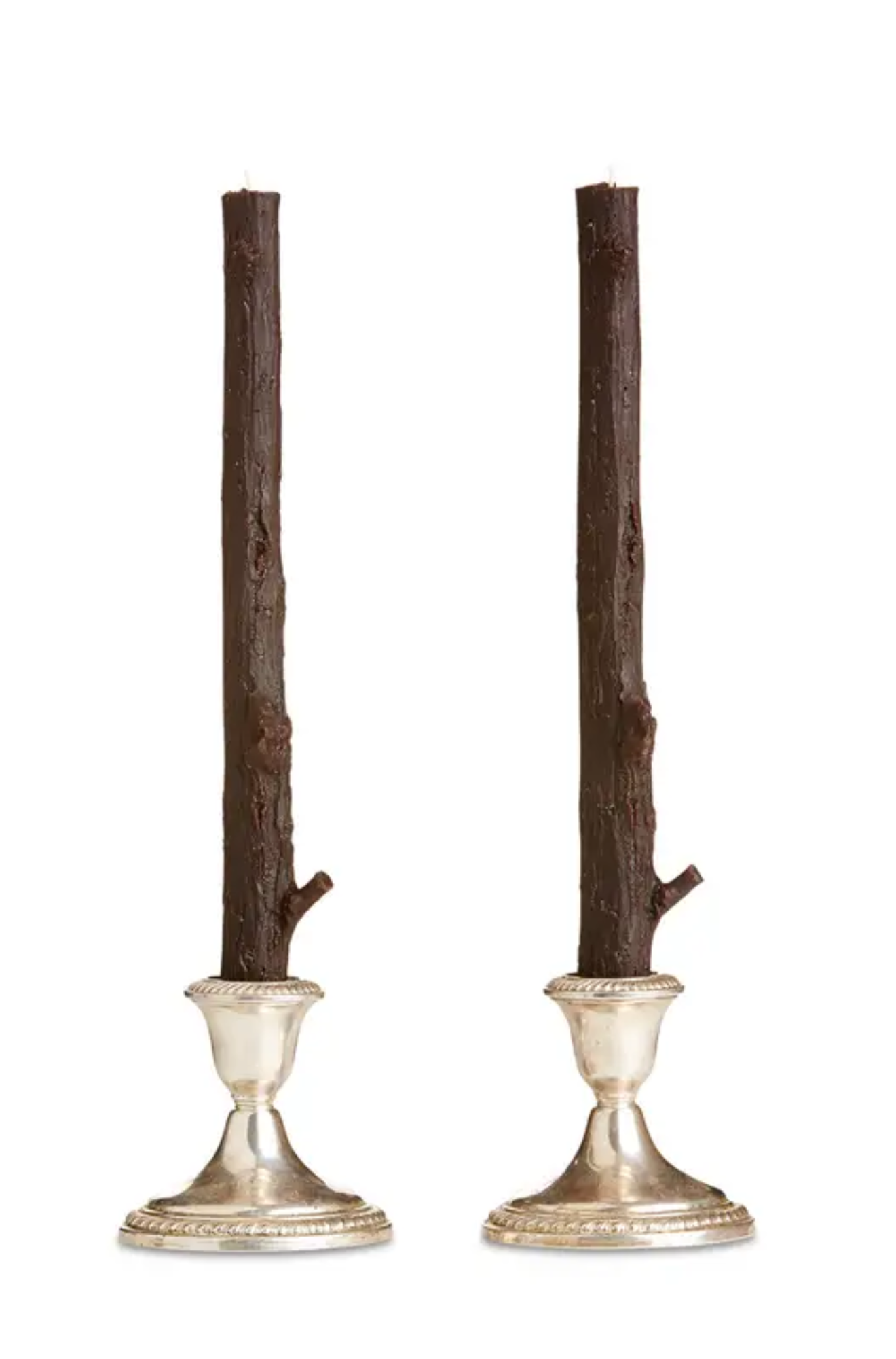 Two  candle holders with natural branch candles on a white background