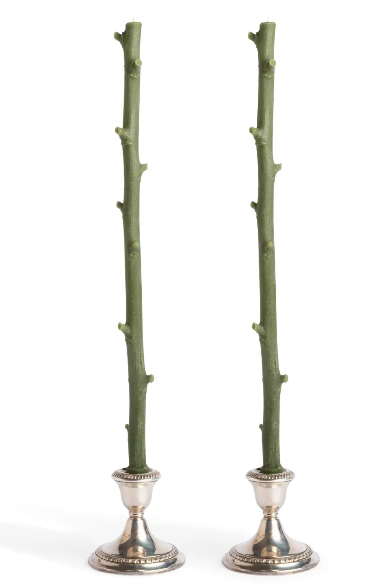 two green branch candle tapers