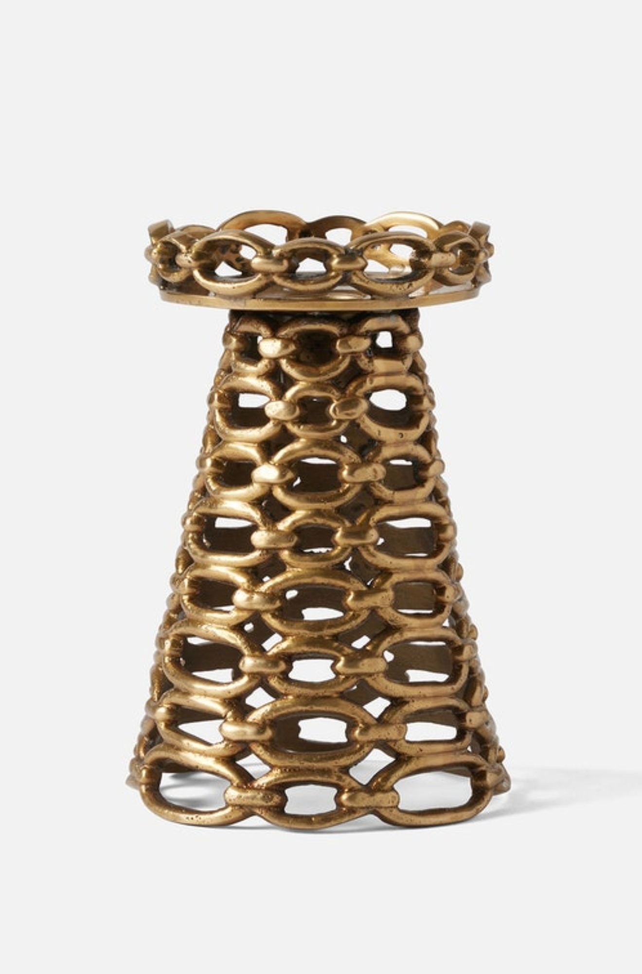 Bronze decorative candle holder with intricate lattice design on a white background