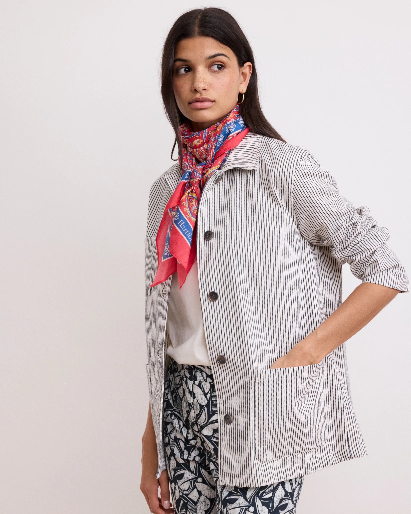 hartford-woman-woven-striped-jacket-black-white-side-view